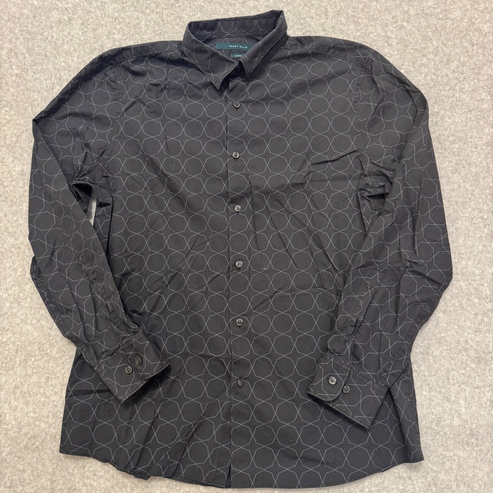 Perry Ellis Mens Slim Fit Geometric Hexagon Print Cotton Button Down Shirt L